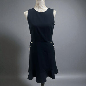 LOFT Black Sleeveless Dress Size 6 Pearl Button Detail Ruffle Hem Lined